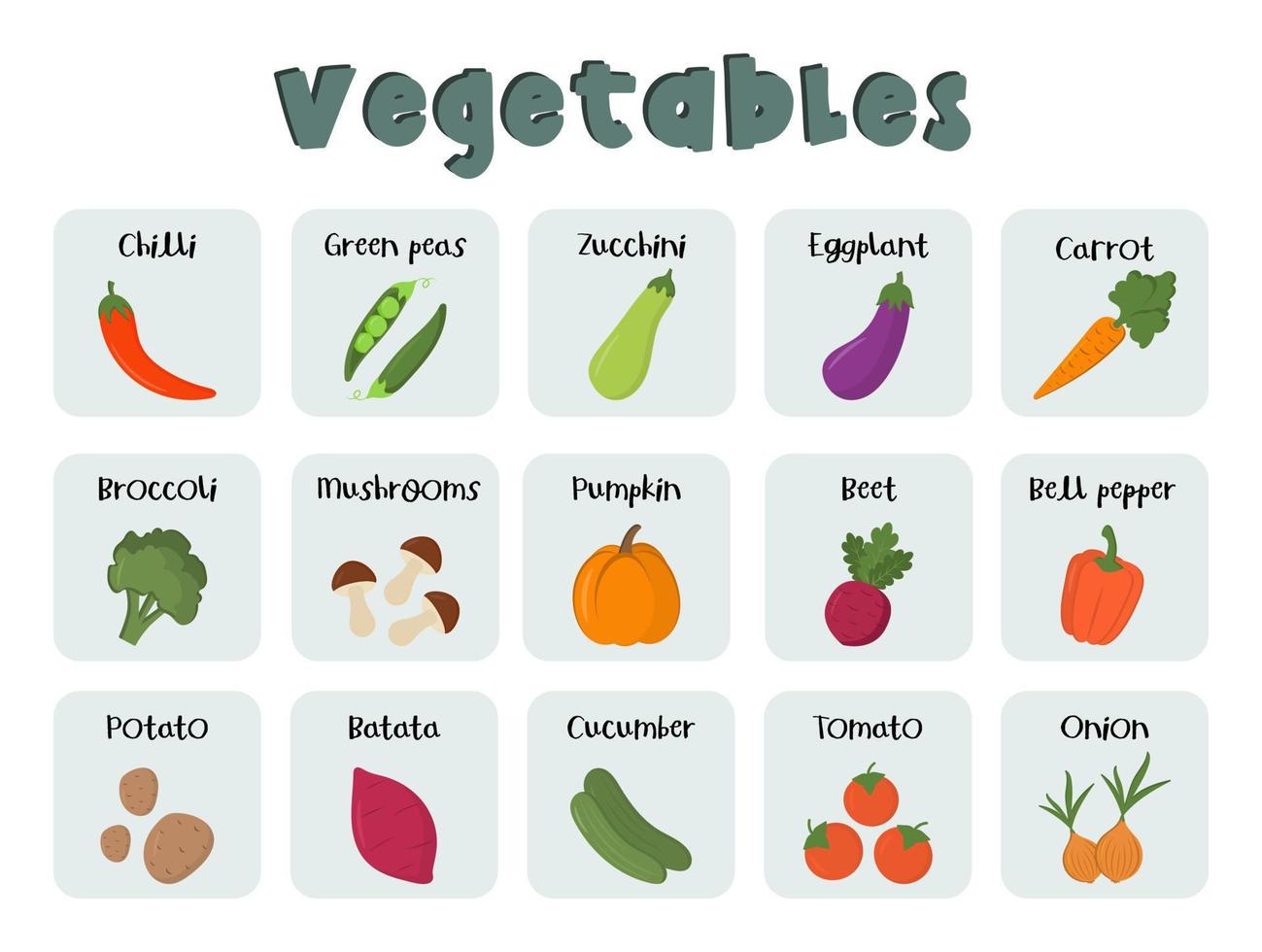 flashcards pour les enfants avec des légumes de titre d'inscription. enfants d'âge préscolaire jouant, activité d'apprentissage. cartes éducatives pour le développement de la pensée logique. feuille de travail pour les enfants d'âge préscolaire. vecteur