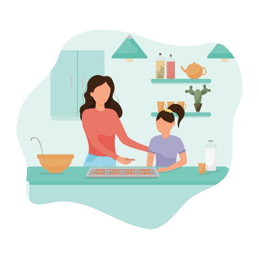 mère et enfant dans la cuisine faisant cuire des biscuits, illustration vectorielle vecteur
