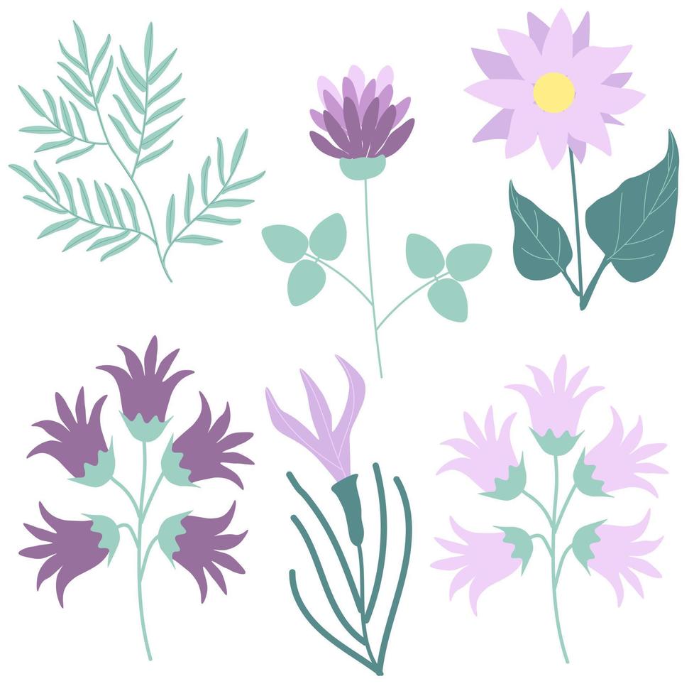 ensemble d'illustrations de fleurs vectorielles abstraites aux couleurs violettes et plantes vecteur
