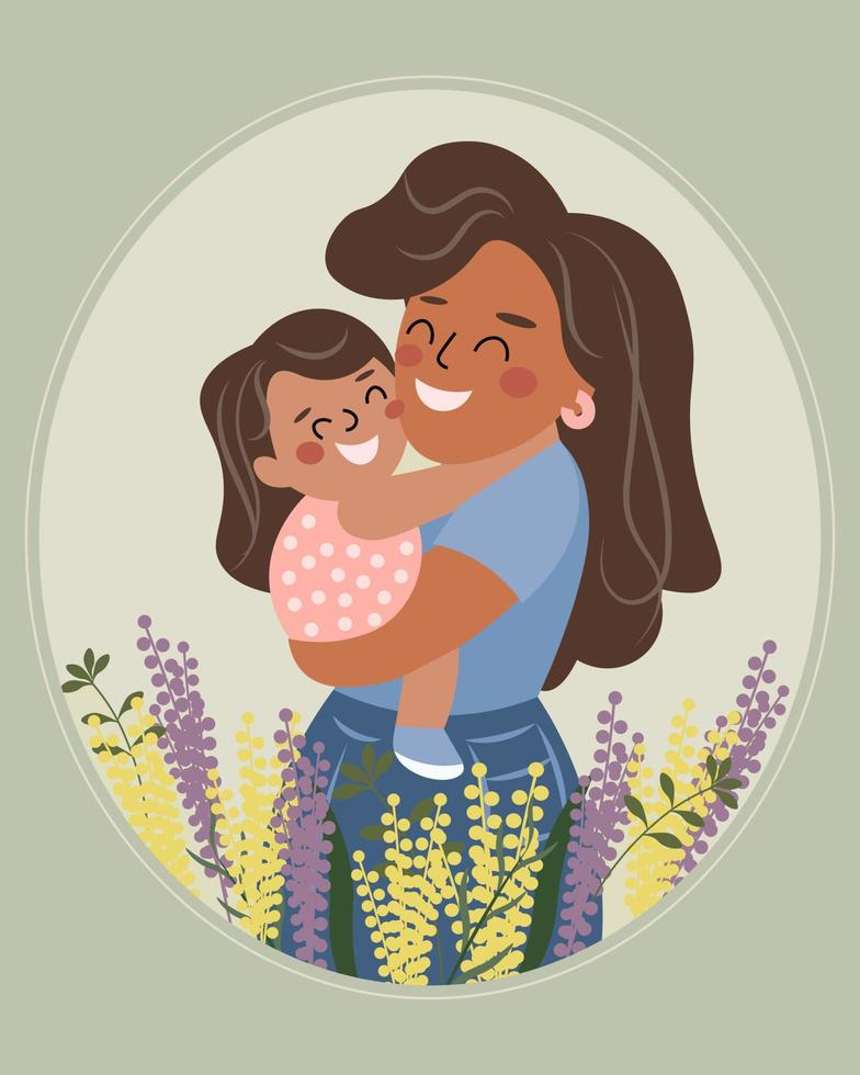 illustration, bonheur familial. portrait d'une mère avec une fille dans ses bras dans un cadre ovale avec des fleurs sauvages. notion de famille. impression, clipart, style cartoon vecteur