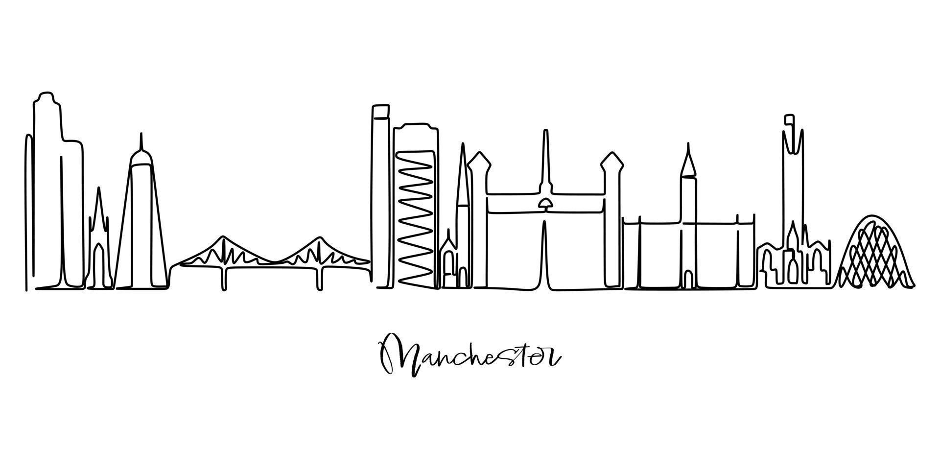 dessin au trait unique de l'horizon de la ville de manchester. paysage de gratte-ciel de la ville dans le monde. meilleure destination vacances décoration murale affiche art concept de vacances. ligne continue dessiner illustration vectorielle de conception vecteur