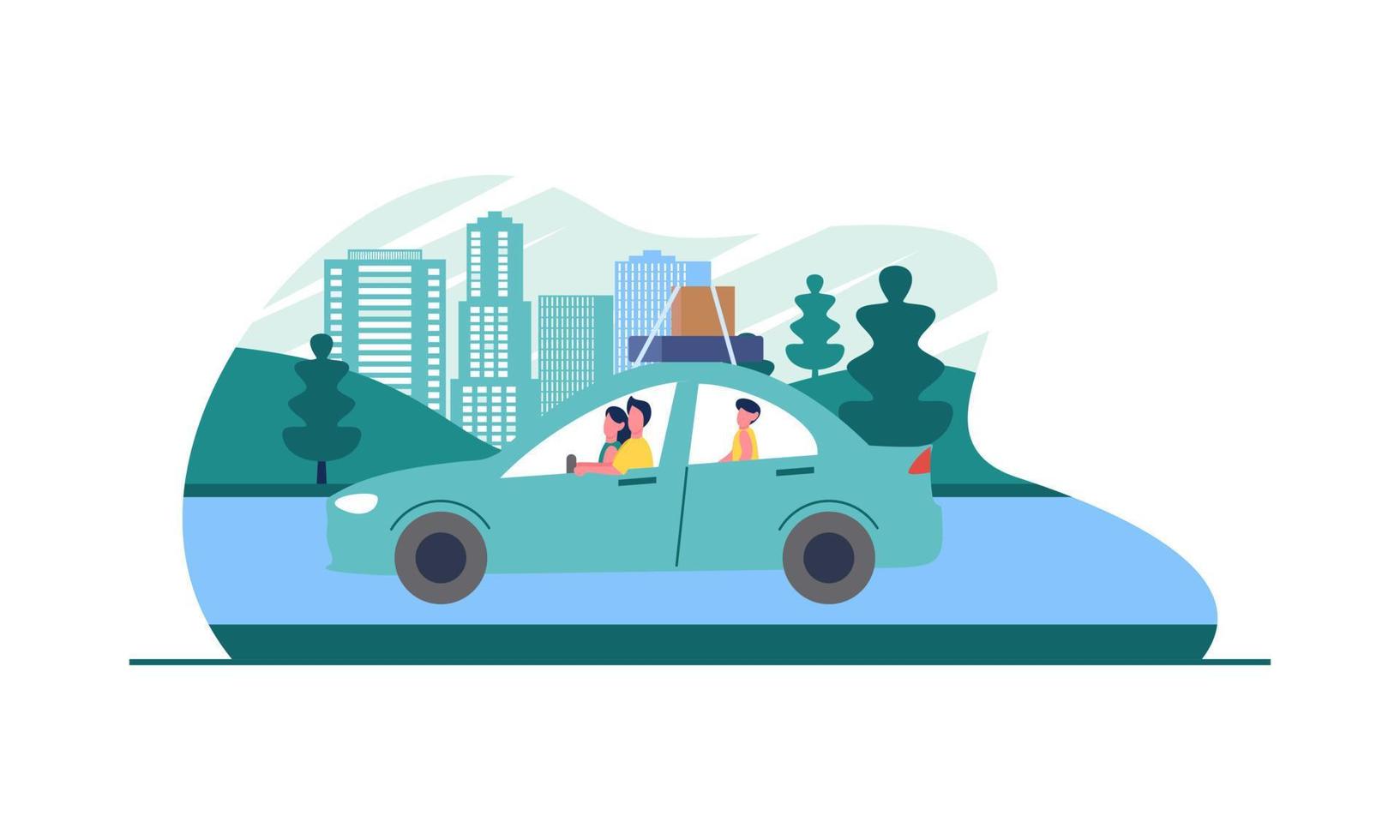 famille heureuse voyageant en illustration de voiture. voyage, road trip, concept de transport vecteur