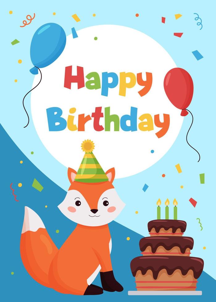 carte de voeux joyeux anniversaire pour les enfants. animaux de la forêt. renard de dessin animé avec gâteau et ballons. idéal pour les cartes postales, les invitations, les affiches et les bannières. vecteur