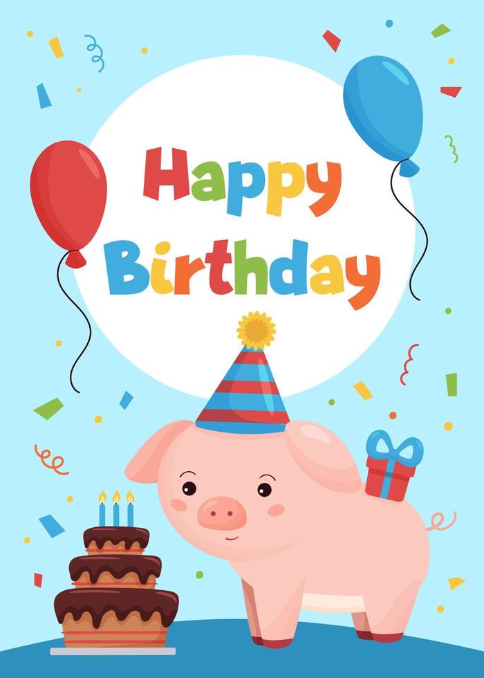 modèle de carte de voeux joyeux anniversaire pour les enfants. cochon kawaii drôle avec gâteau, cadeau et ballons. animaux de la ferme. vecteur