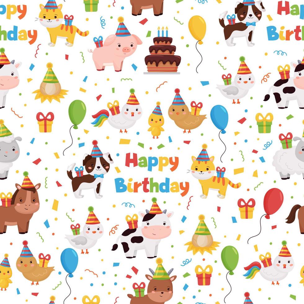 modèle sans couture de vecteur avec des animaux de ferme mignons avec des ballons, des cadeaux et des gâteaux. thème joyeux anniversaire. personnages de dessins animés pour les enfants.