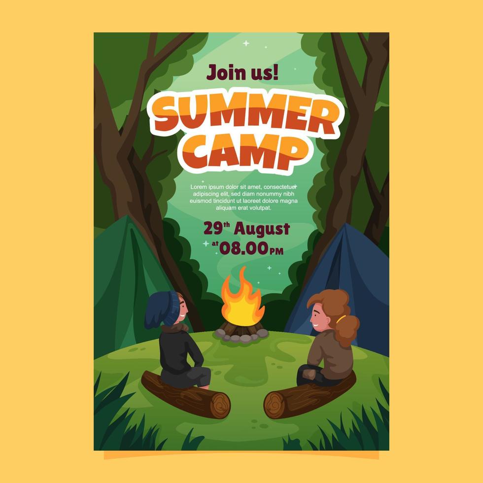 affiche d'invitation au camp d'été de feu de joie vecteur