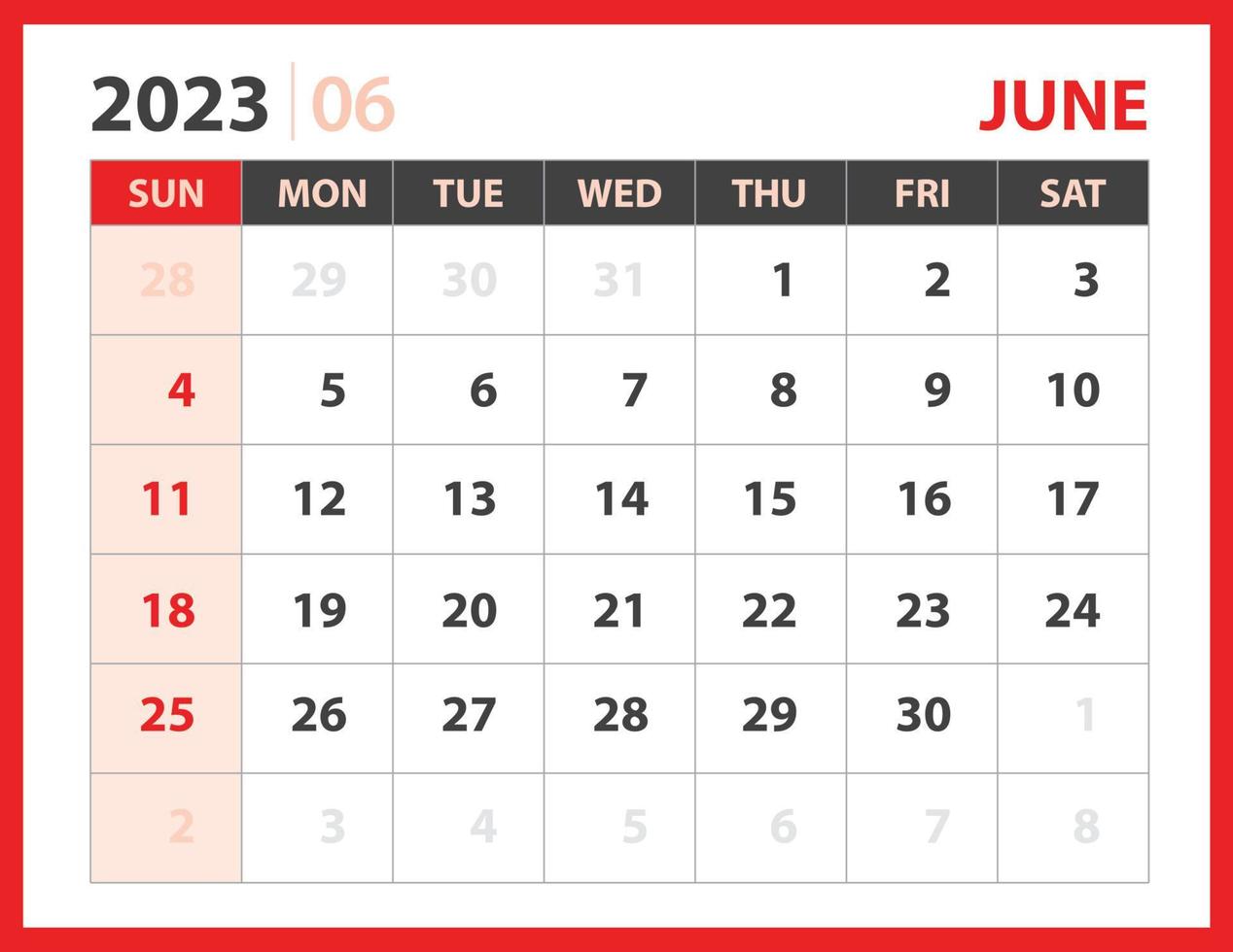 modèle de juin 2023, vecteur de conception de calendrier 2023, mise en page du planificateur, semaine commence dimanche, modèle de calendrier de bureau 2023, papeterie. calendrier mural sur fond rouge, vecteur eps 10