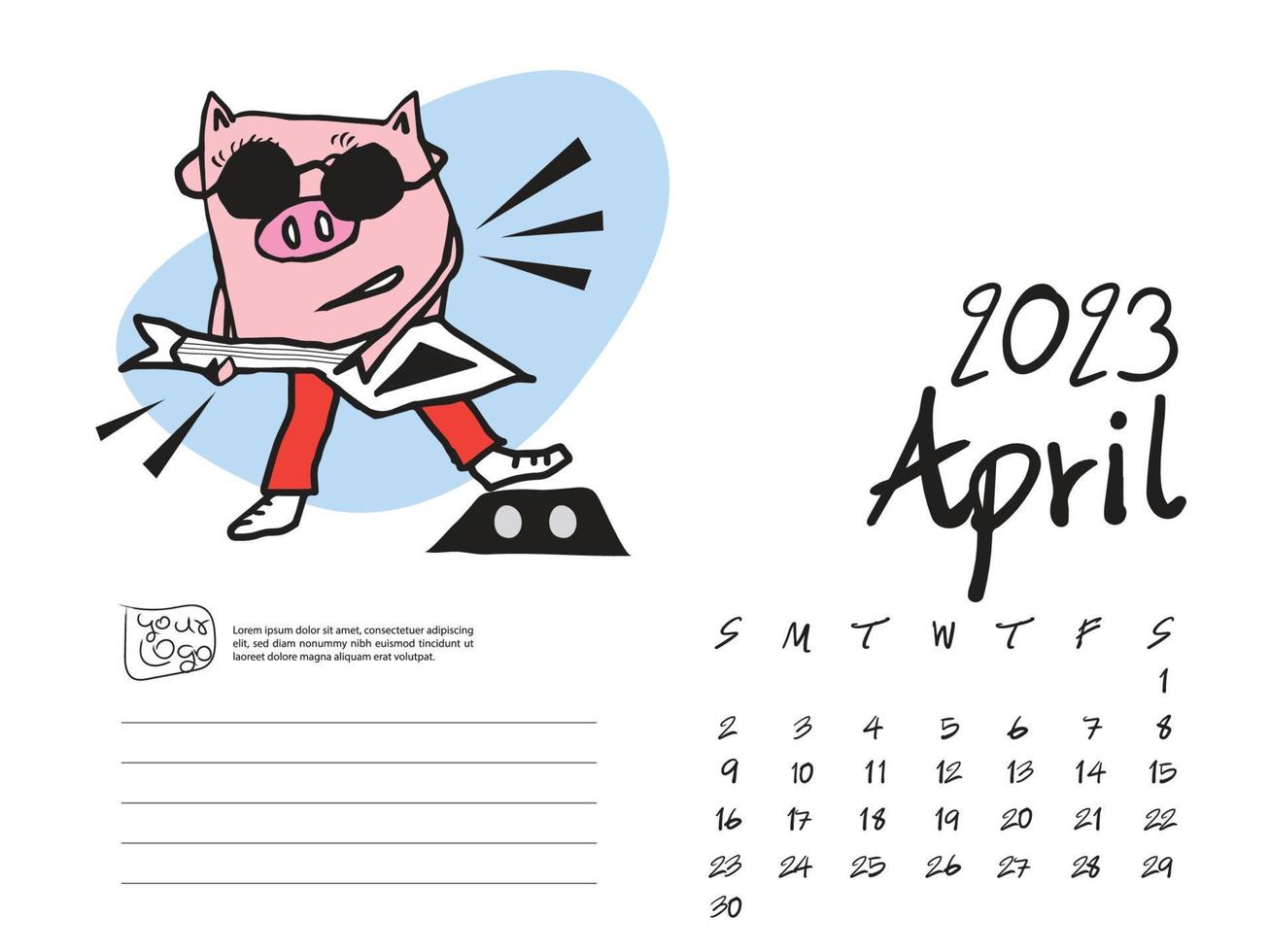 modèle de conception de calendrier 2023 avec illustration vectorielle de cochon mignon, oeuvre d'art d'avril 2023, lettrage, mise en page du calendrier de bureau 2023, planificateur, modèle de calendrier mural, personnage de dessin animé de cochon, événement de vacances vecteur