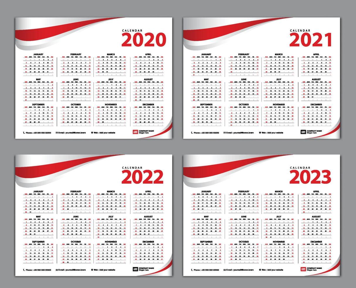 modèle de calendrier simple pour 2020, 2021, 2022, 2023 ans sur fond blanc, calendrier de bureau, la semaine commence à partir de dimanche, conception d'organisateur d'entreprise, graphique de vague rouge, illustration vectorielle vecteur