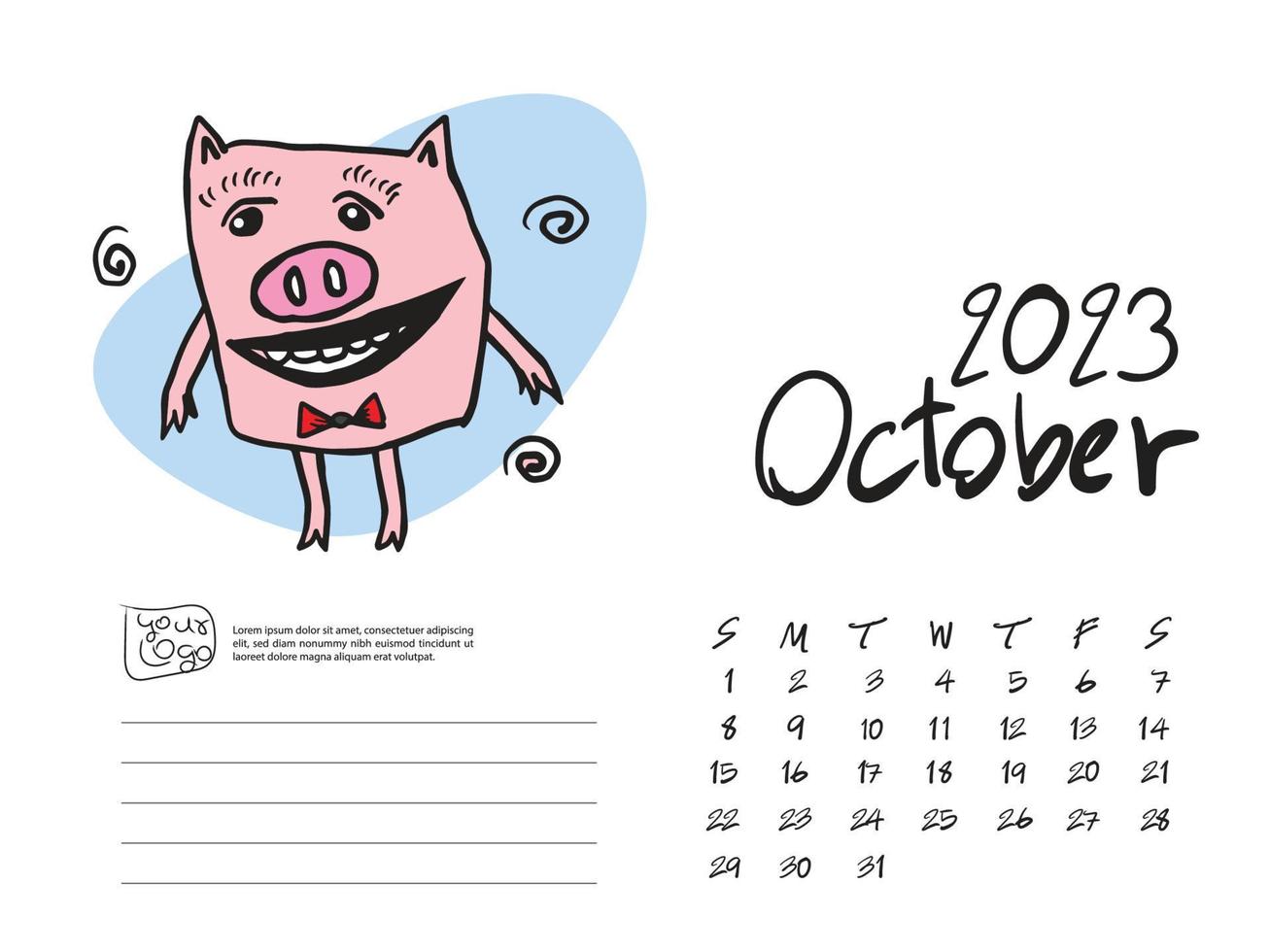 modèle de conception de calendrier 2023 avec illustration vectorielle de cochon mignon, illustration d'octobre 2023, lettrage, mise en page du calendrier de bureau 2023, planificateur, modèle de calendrier mural, personnage de dessin animé de cochon, événement de vacances vecteur