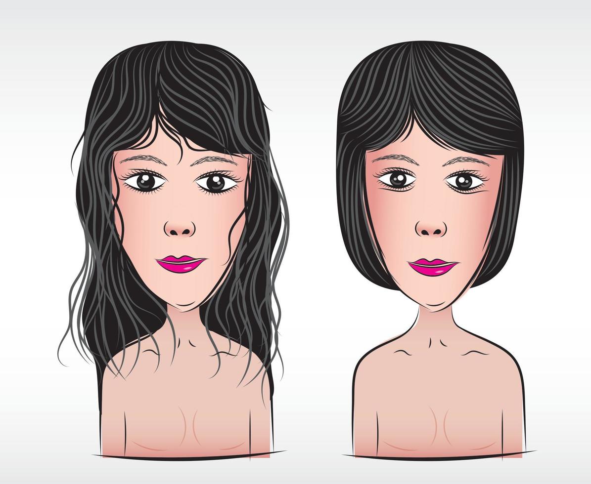 les femmes mignonnes font face à l'illustration vectorielle d'un design plat pour la beauté, les cosmétiques. clipart visages de belles filles. portraits de dessins animés. têtes de clipart. clipart d'avatar. différents visages. coiffures différentes. vecteur