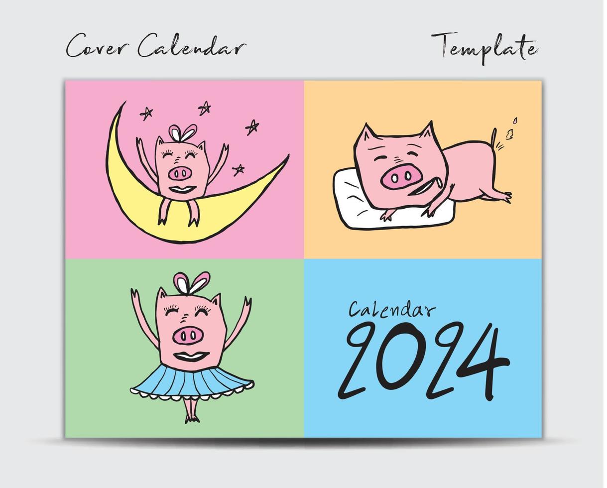 modèle de conception de calendrier de couverture 2024 avec vecteur de cochon mignon, calendrier de bureau minimal 2024 année, lettrage, modèle de couverture de brochure, journal intime, carte postale, carte-cadeau, personnage de dessin animé de cochon, événement de vacances