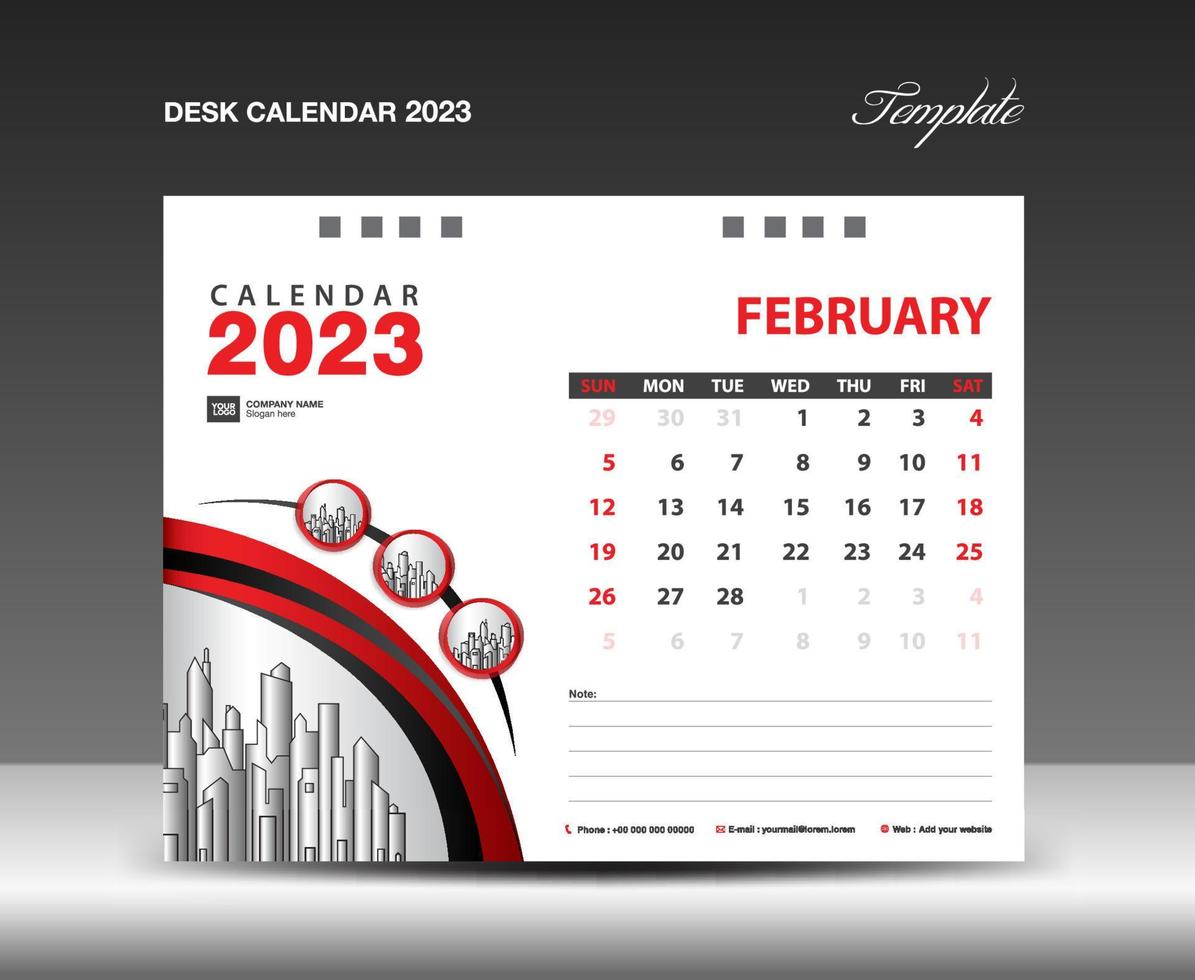 modèle de février 2023, vecteur de conception de calendrier 2023, mise en page du planificateur, semaine commence dimanche, modèle de calendrier de bureau 2023, papeterie. calendrier mural sur fond rouge, vecteur eps 10