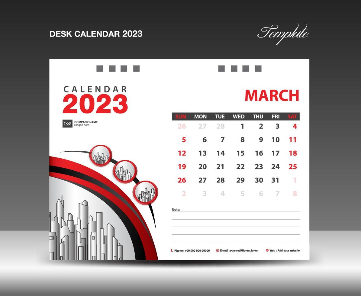 modèle de mars 2023, vecteur de conception de calendrier 2023, mise en page du planificateur, semaine commence dimanche, modèle de calendrier de bureau 2023, papeterie. calendrier mural sur fond rouge, vecteur eps 10
