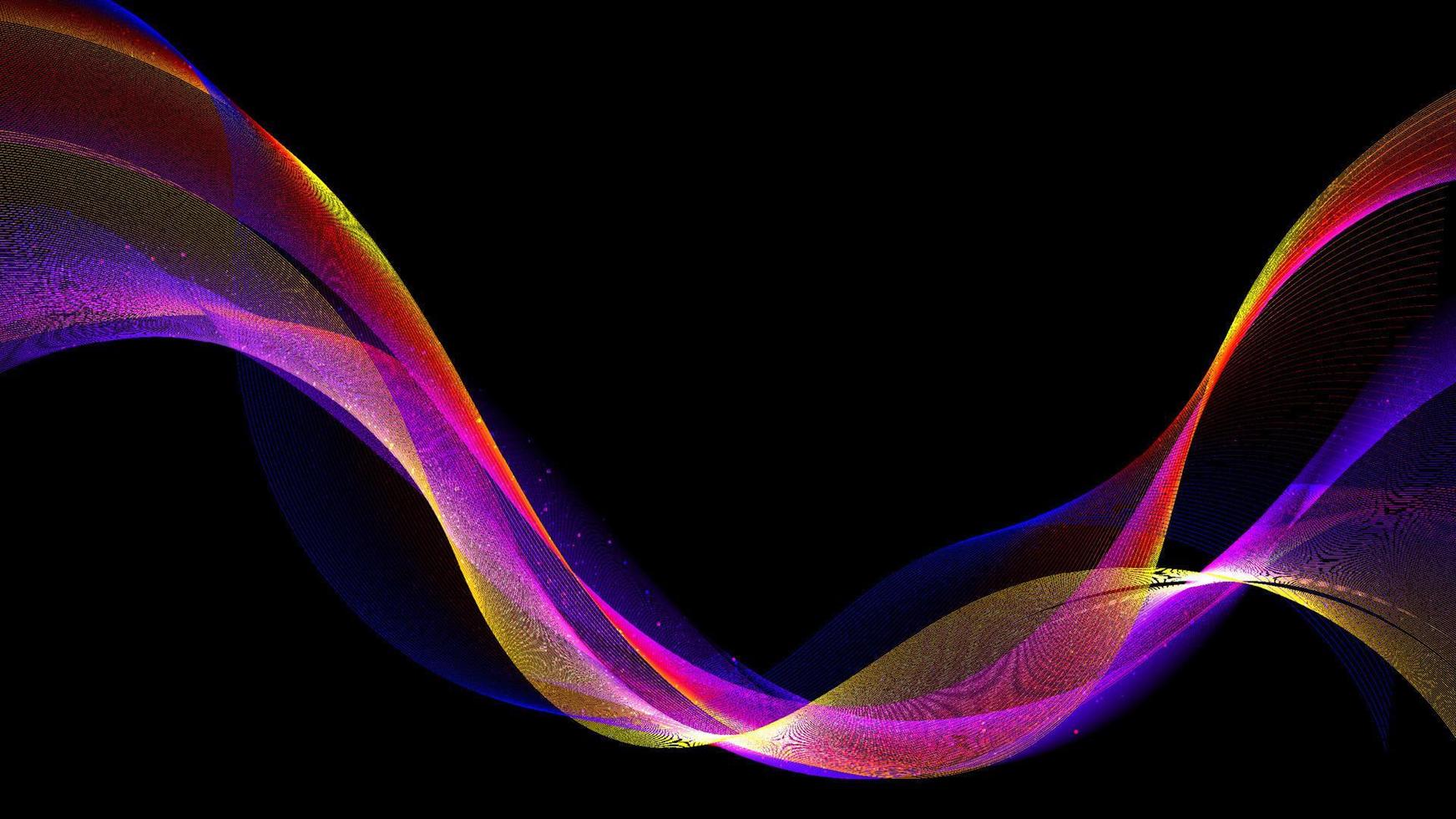 lignes abstraites d'onde de néon de couleur vibrante avec des particules points lumineux sur fond noir vecteur