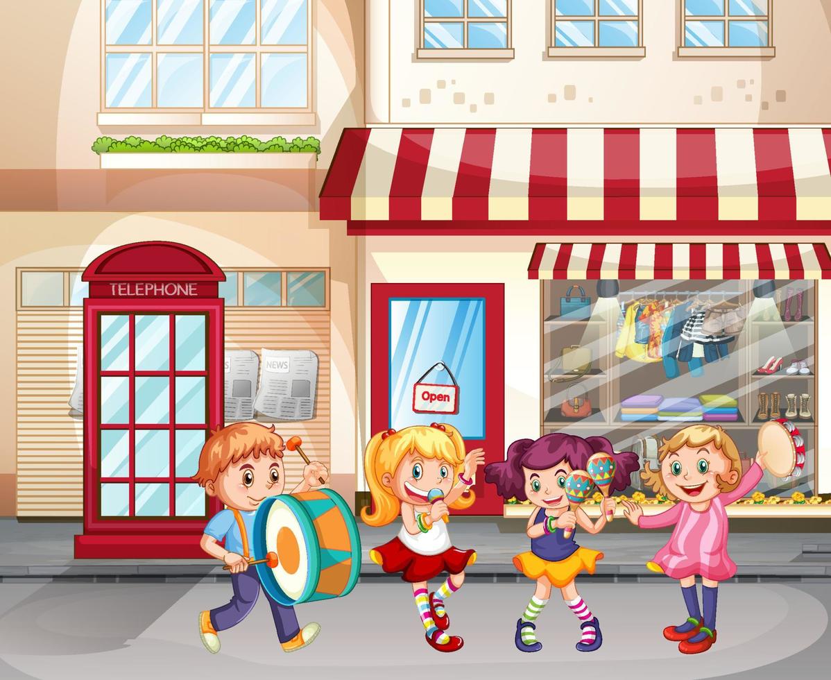 scène de la ville avec des enfants jouant des instruments vecteur