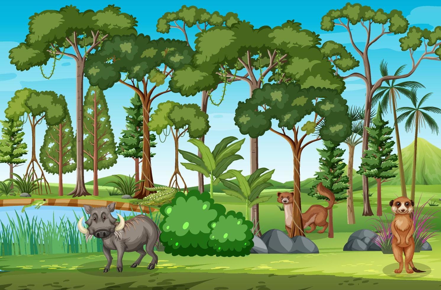 scène de forêt avec divers animaux sauvages vecteur