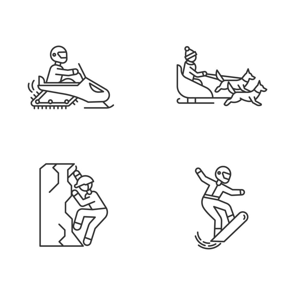 ensemble d'icônes linéaires d'activité hivernale extrême. sport à risque, aventure. planche à neige, escalade sur glace, motoneige et traîneau à chiens. symboles de lignes fines. illustrations vectorielles isolées. trait modifiable vecteur