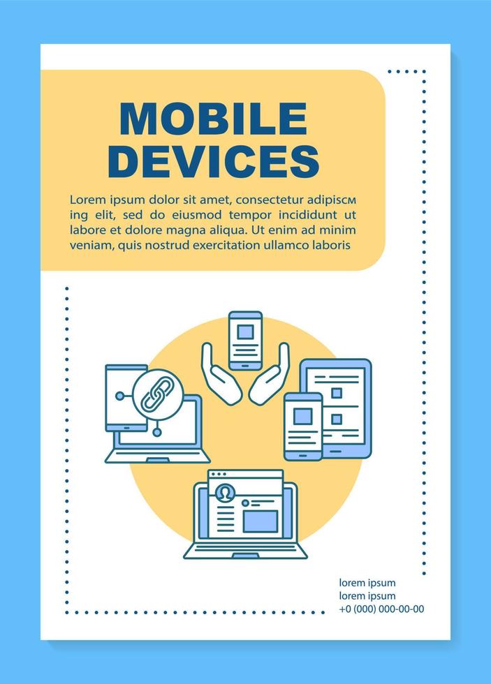 mise en page du modèle d'affiche des appareils mobiles. smartphone et tablette. application mobile. bannière, livret, conception d'impression de dépliant, icônes linéaires. mise en page de brochure de vecteur pour les magazines, dépliants publicitaires