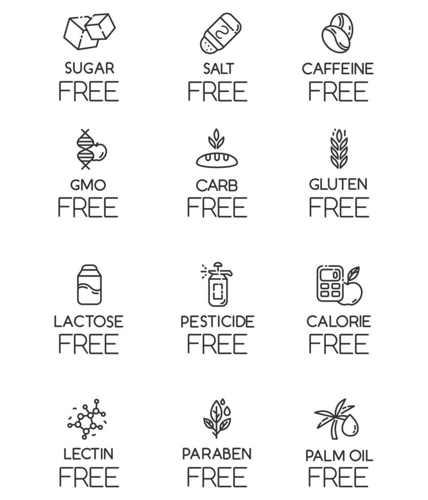 ensemble d'icônes linéaires d'ingrédients sans produit. sans lectine, paraben, ogm, gluten. peu calorique. diététique sans allergènes. symboles de contour de ligne mince. illustrations vectorielles isolées. trait modifiable vecteur