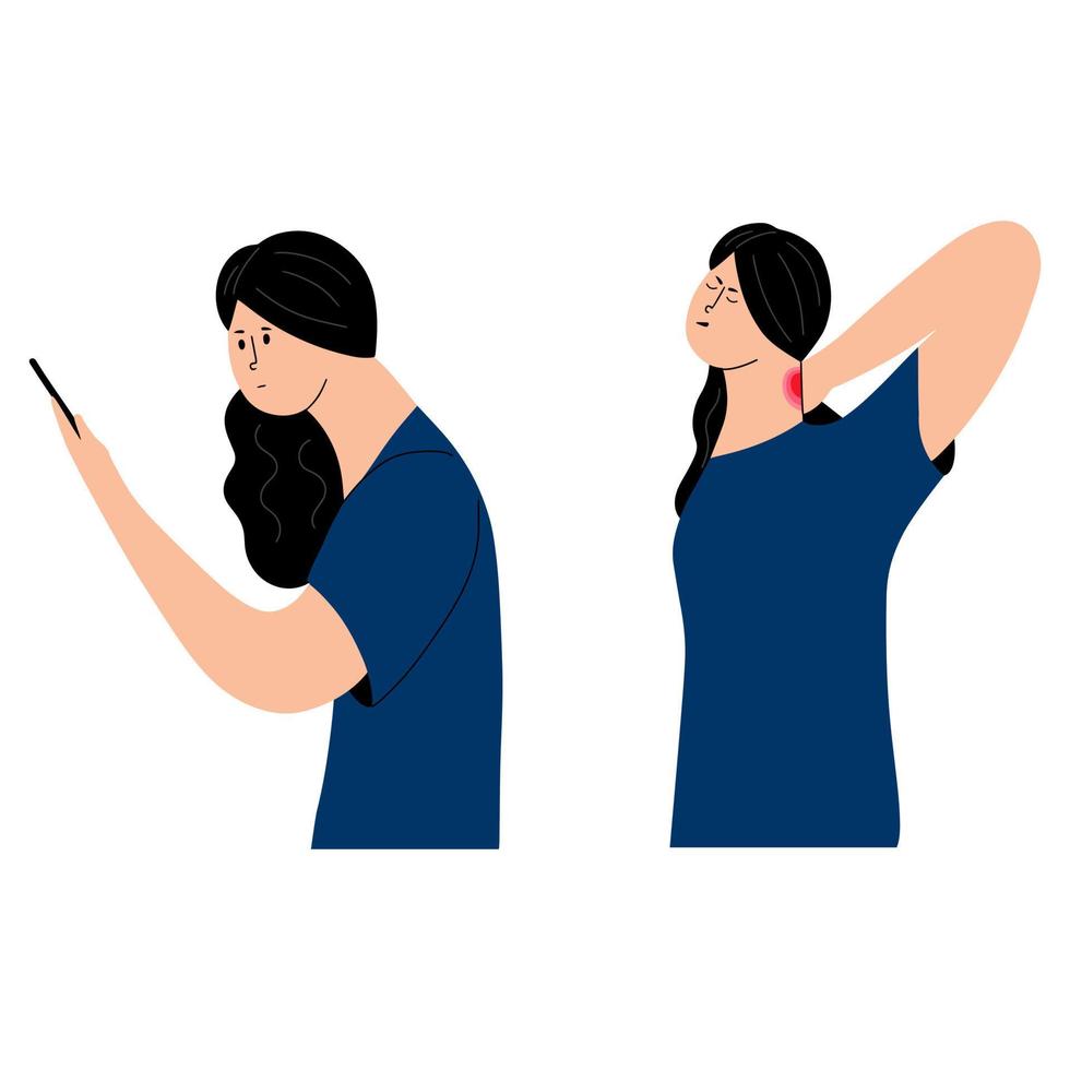 une jeune fille souffre de douleurs au cou à cause d'une mauvaise posture lorsqu'elle utilise le téléphone. illustration vectorielle dans un style plat vecteur