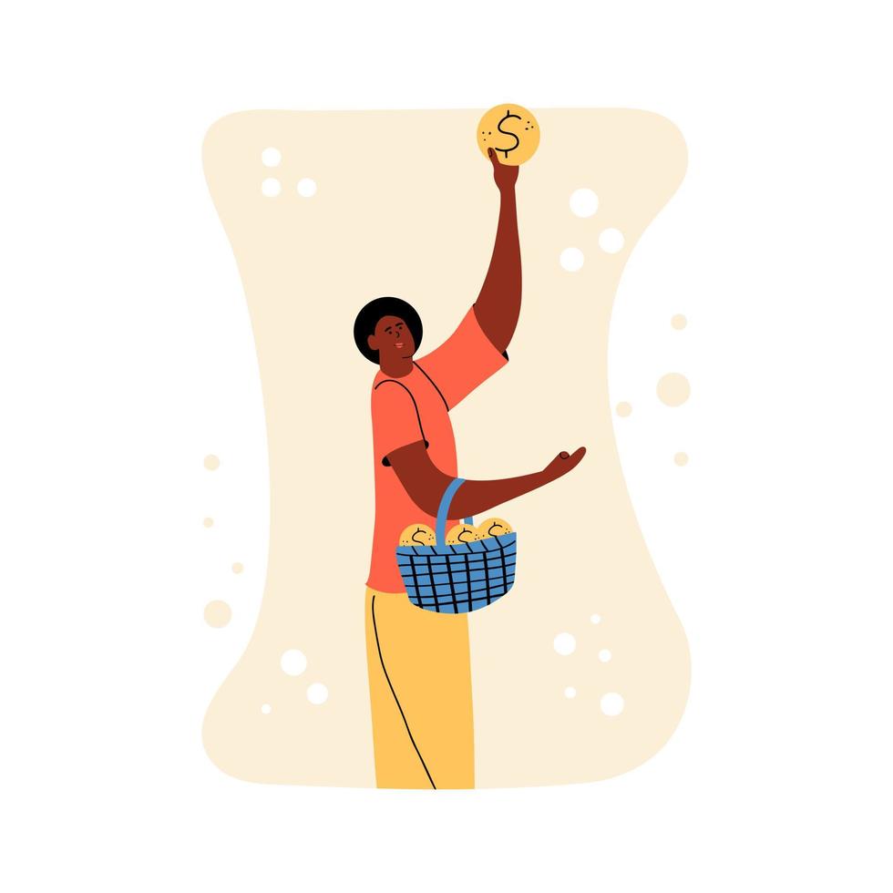 une femme afro-américaine tient un panier d'argent dans une main et une pièce d'or dans l'autre. concept de cashback, économie d'argent, femme d'affaires. illustration vectorielle dans un style plat vecteur
