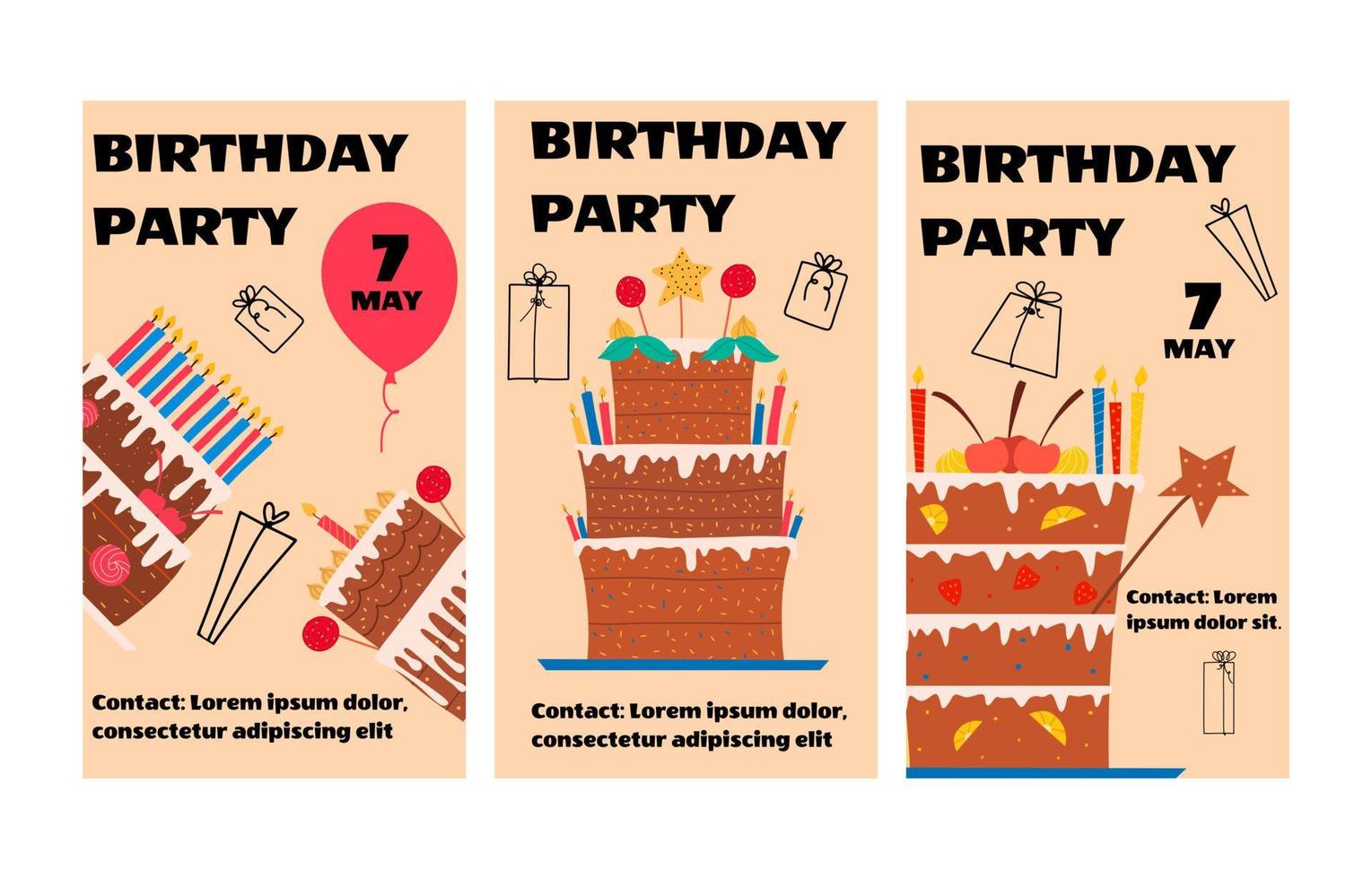 conception de cartes d'anniversaire avec de délicieux gâteaux aux bougies. illustration vectorielle, modèle. vecteur