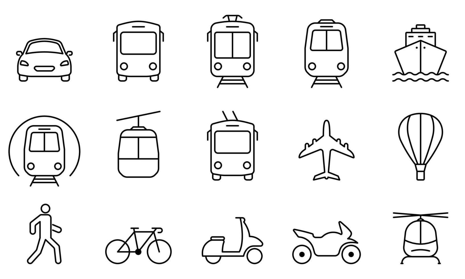 véhicule, air, chemin de fer, icône de ligne de transport de vélo. pictogramme linéaire voiture, bus, tram, train, métro, avion et bateau. signe de contour de la station de transport en commun. trait modifiable. illustration vectorielle isolée. vecteur