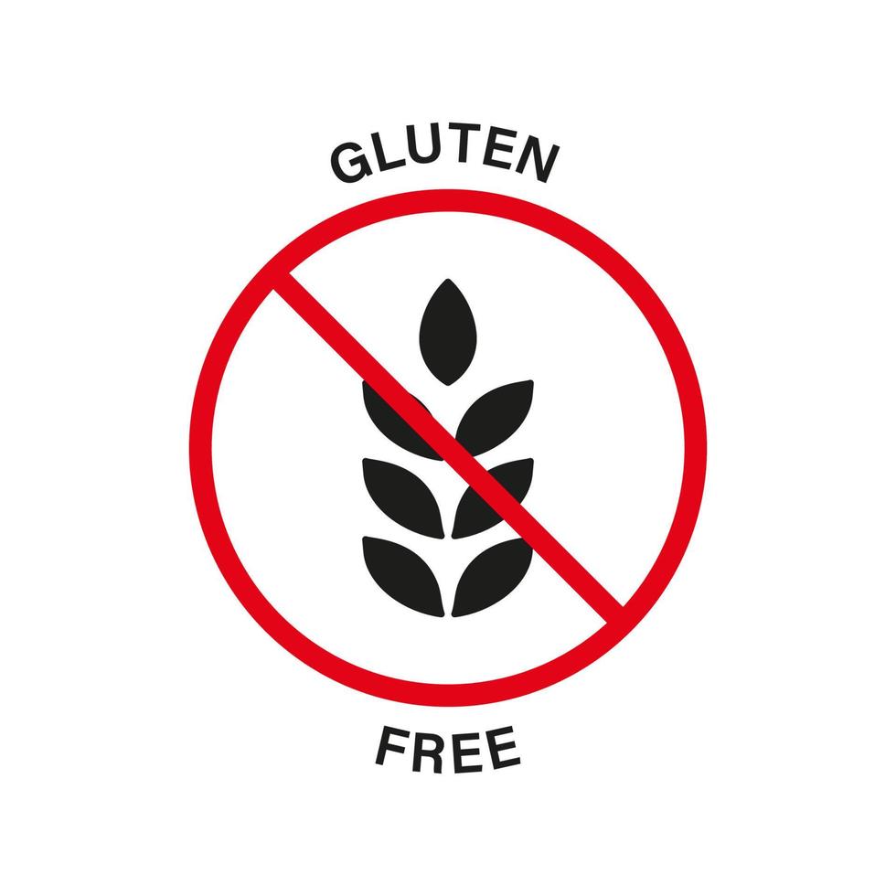 icône noire silhouette sans gluten. panneau d'arrêt rouge de grain biologique. symbole interdit d'allergie au blé. logo d'interdiction nutritionnelle du gluten. régime alimentaire sans gluten. allergique sur l'icône de blé. illustration vectorielle isolée. vecteur