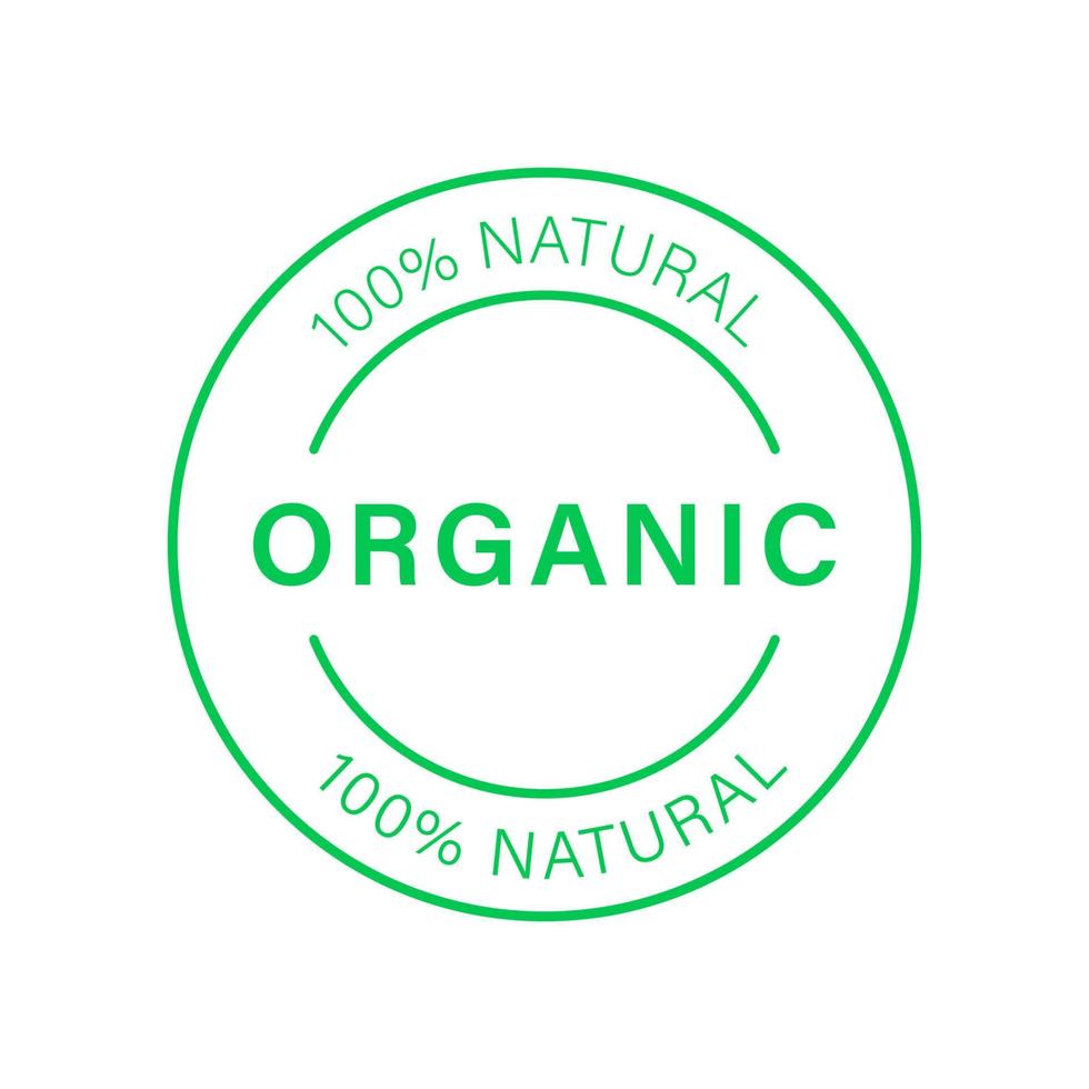 Icône de ligne verte 100 % organique. autocollant d'aliments écologiques bio sains. timbre de produit naturel. signe de contour de nourriture végétalienne de produit écologique. signe écologique de feuille organique. illustration vectorielle isolée. vecteur