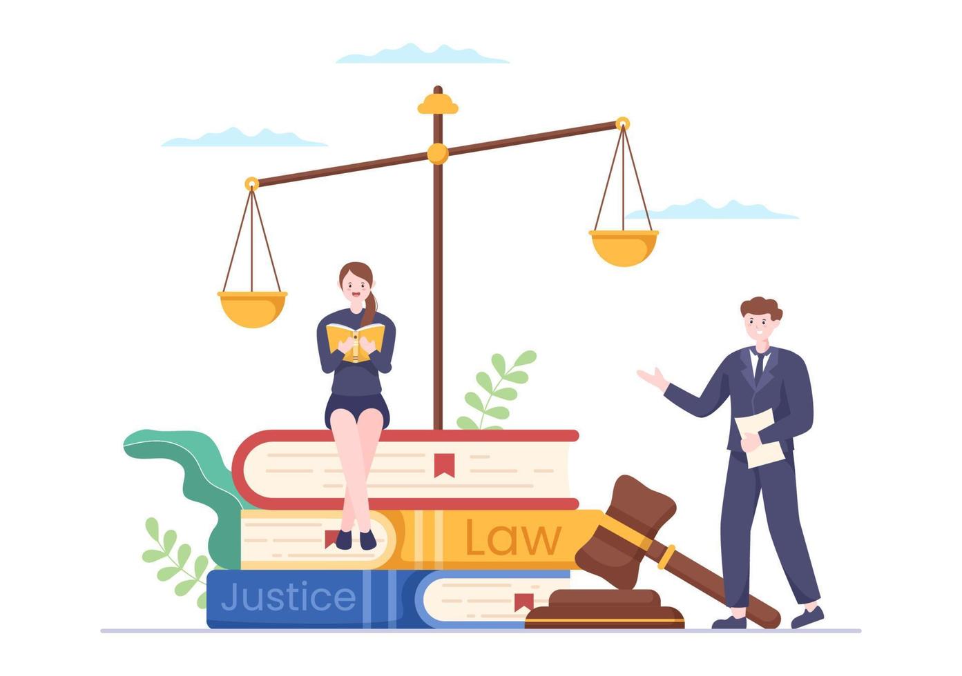 avocat, avocat et justice avec des lois, des échelles, des bâtiments, un livre ou un marteau de juge en bois au consultant en illustration de dessin animé plat vecteur