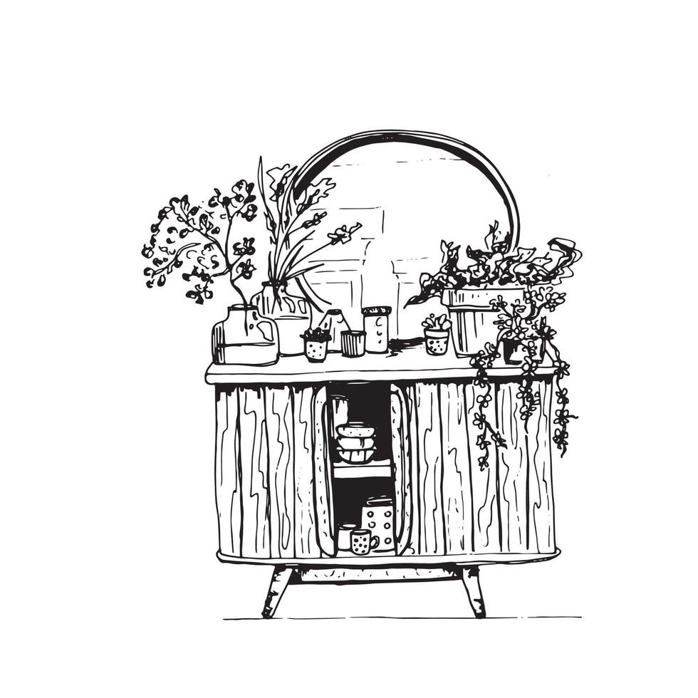 croquis de ménage. placard dessiné à la main avec miroir et pots de fleurs. illustration vectorielle sur fond blanc vecteur