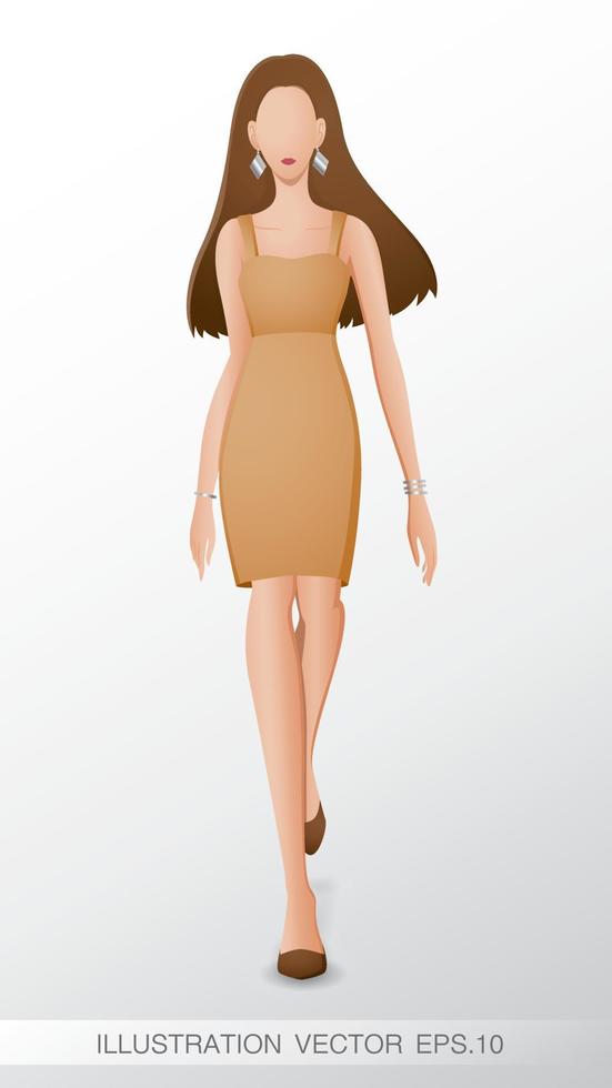 femme de mode marchant porte une mini robe marron et des boucles d'oreilles en argent vecteur d'illustration.