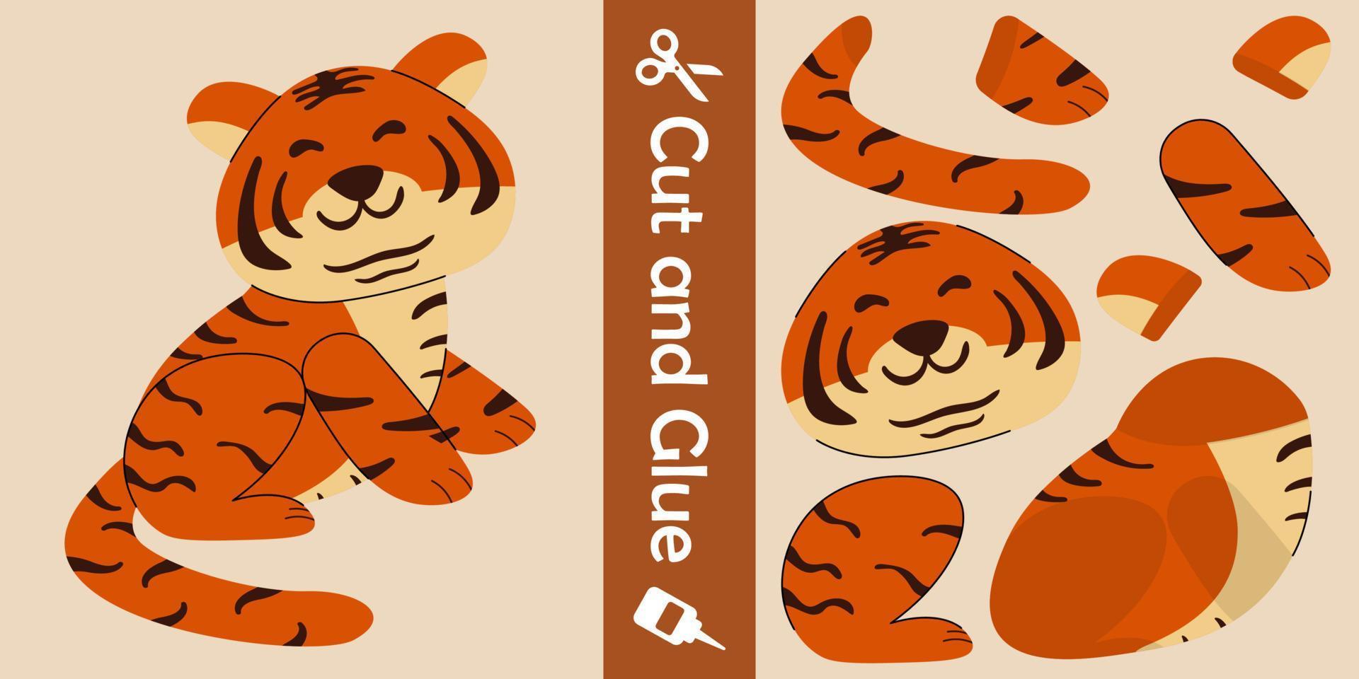 tigre mignon. jeu de papier éducatif pour les enfants. couper et coller. illustration vectorielle vecteur