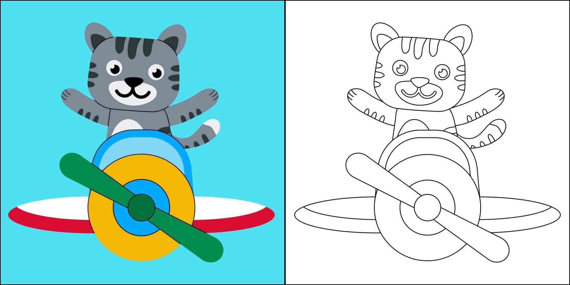 chat mignon volant dans un avion, adapté à l'illustration vectorielle de la page de coloriage pour enfants vecteur