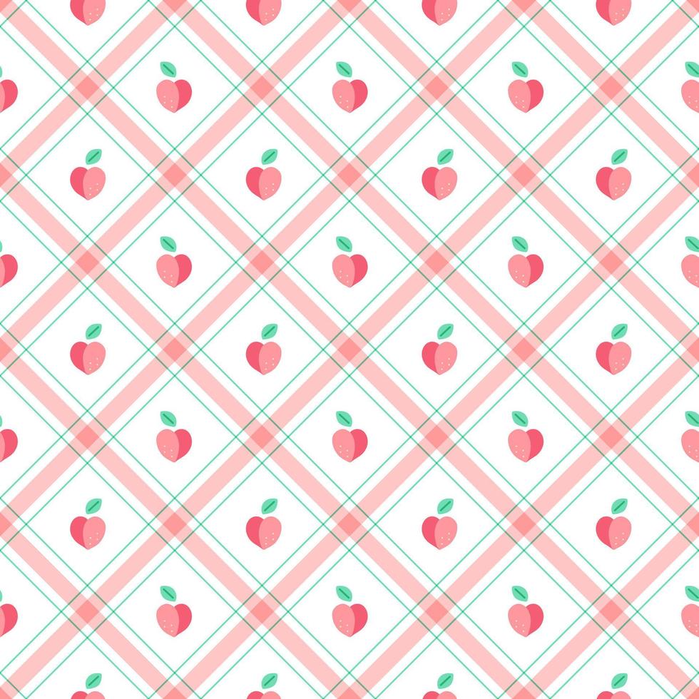 mignons pêche fruit élément pêche vieux roses verts rayures diagonales rayé ligne inclinaison à carreaux plaid tartan buffle scott vichy motifs plats dessin animé vecteur motifs sans couture imprimer arrière-plan nourriture