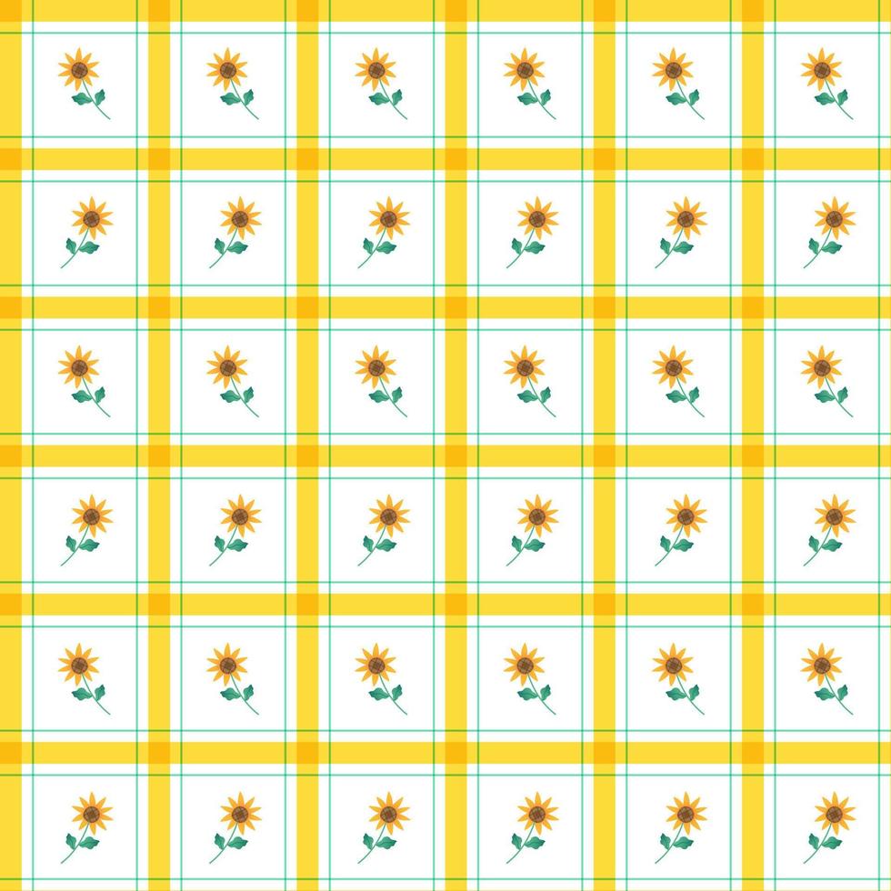 mignon tournesol élément jaune vert bande rayé ligne inclinaison damier plaid tartan buffle scott vichy motif illustration papier d'emballage, tapis de pique-nique, nappe, fond de tissu vecteur