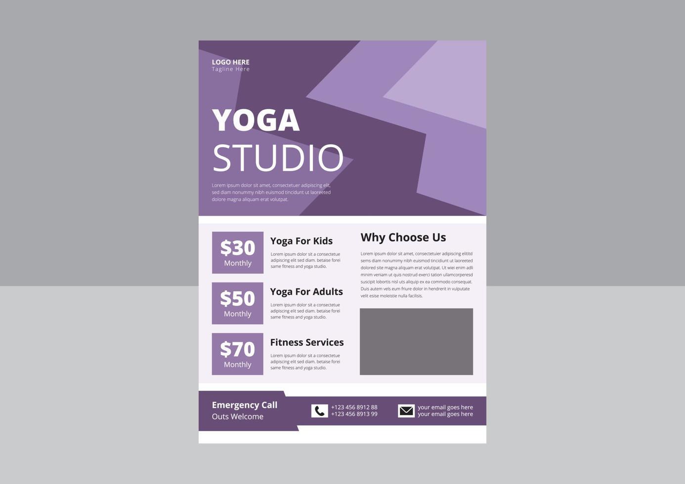 modèle de flyer de studio de yoga. modèle de conception de flyer d'entraînement physique, modèle de flyer de cours en ligne de yoga, couverture, affiche, conception de dépliant. vecteur