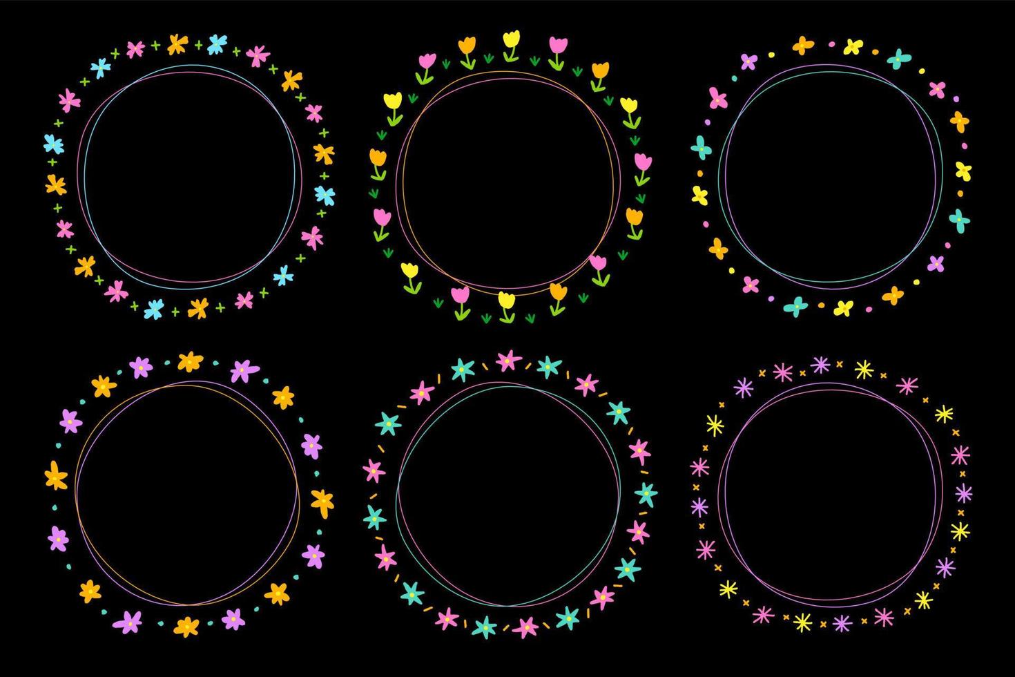 mignon néon abstrait marguerite fleur cercle rond doodle main libre dessin dessiné ligne frontières cadres couronne assiette ensemble collection plat style arc en ciel coloré noir fond illustration vectorielle pack vecteur