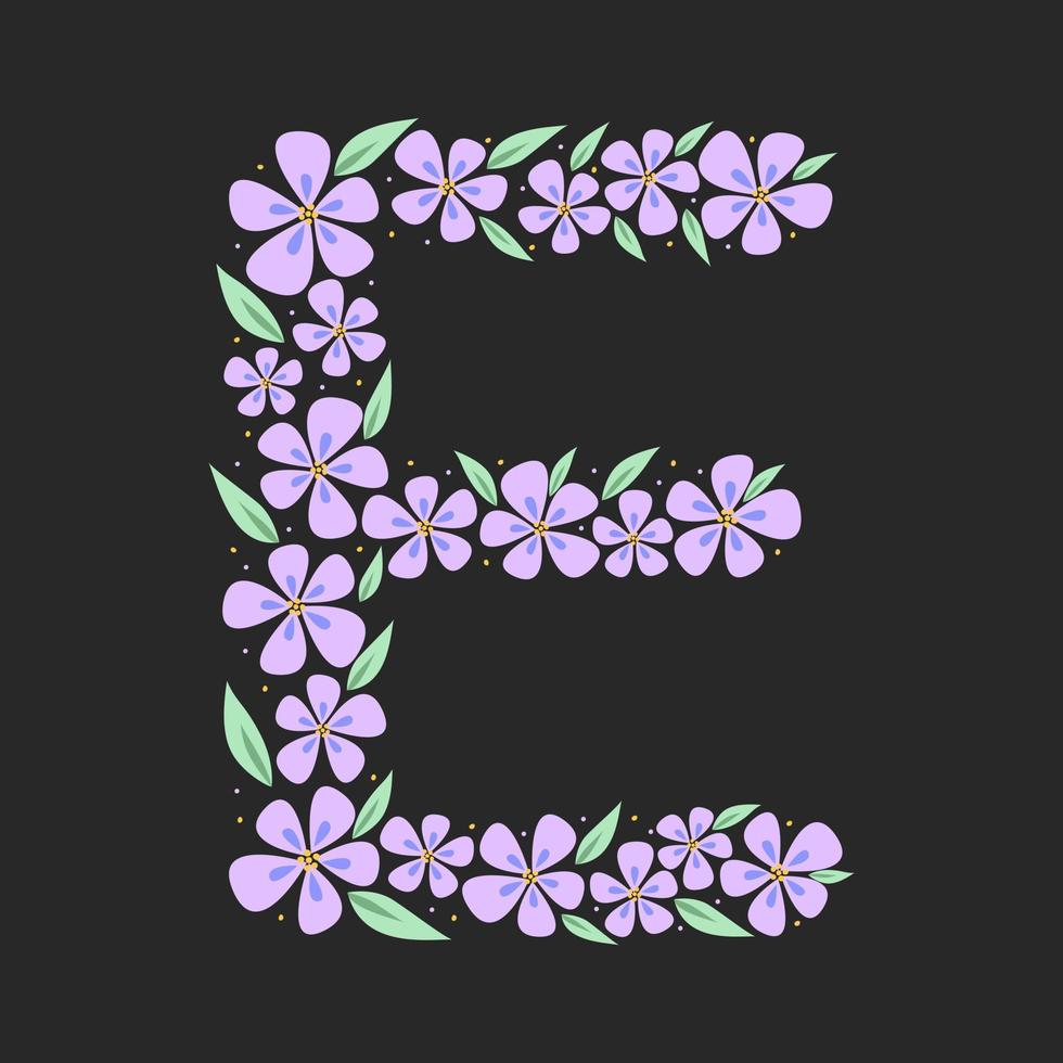 alphabet botanique floral. lettre de monogramme vintage dessiné à la main e. lettre avec plantes et fleurs. lettrage de vecteur isolé sur blanc