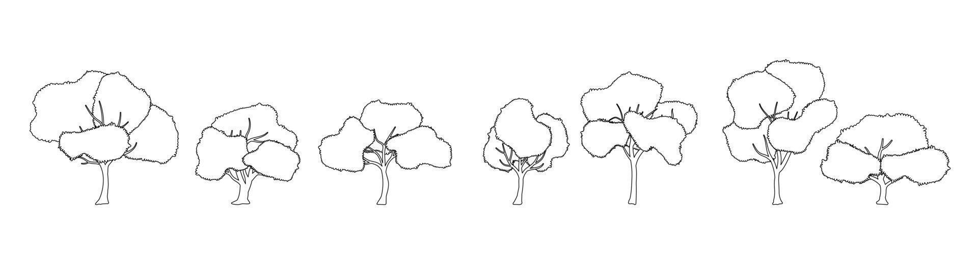 collection d'illustrations d'arbres de silhouette de contour de dessin animé. peut être utilisé dans le livre de coloriage. vecteur