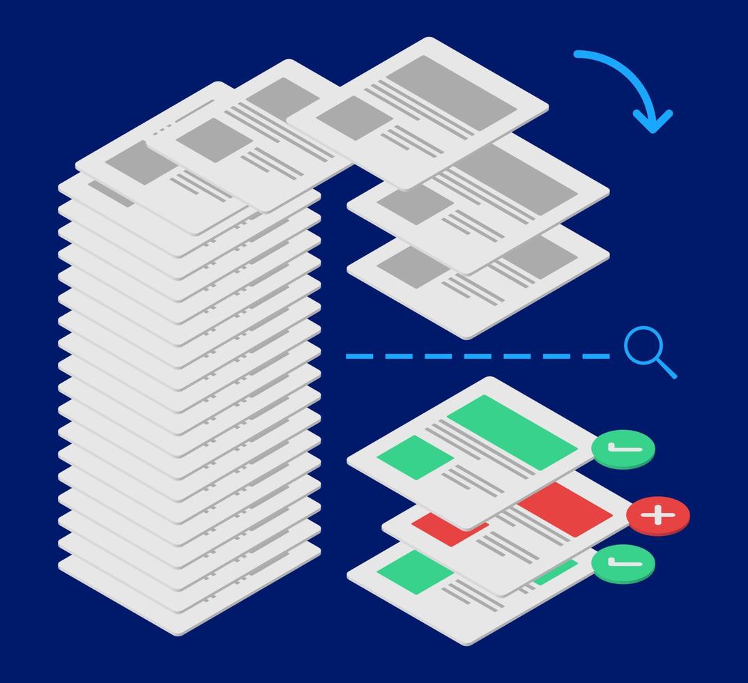 illustration 3d isométrique du processus de vérification des documents avec icône de coche vecteur