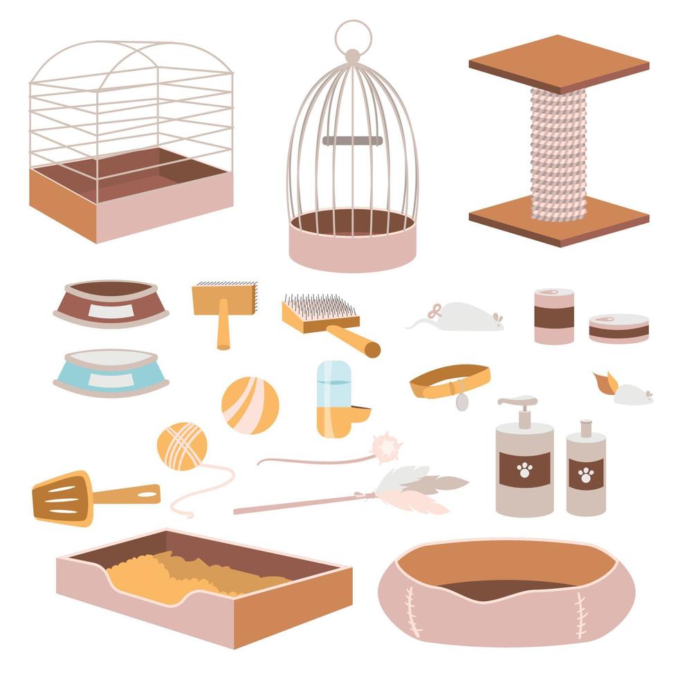 accessoires d'animalerie nourriture pour chiens et chats, jouets et litière pour chat, oiseau, cage pour hamster. vitrine de magasin vétérinaire avec peigne et produits pour animaux, équipement. illustrations vectorielles vecteur