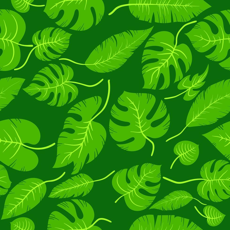 brunch de feuilles simples dessinés à la main monstera et feuilles de palmier. vecteur transparente dessin animé vert tropique laisse motif de plantes de la jungle en couches avec des ombres. fond d'écran, emballage et arrière-plan.