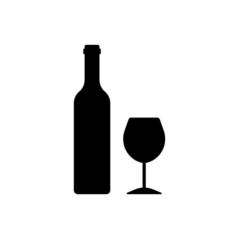 bouteille de vin et icône de silhouette noire en verre. verre à vin et pictogramme de glyphe de bouteille de vigne rouge dans le menu du restaurant. icône d'alcool de barre de décoration d'élégance. bouteille de vin bordelais. illustration vectorielle isolée. vecteur