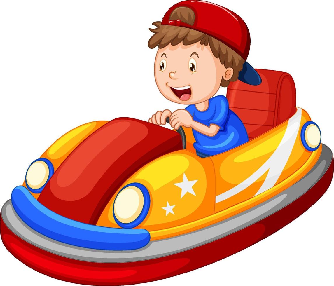 petit garçon conduisant une auto tamponneuse en dessin animé vecteur