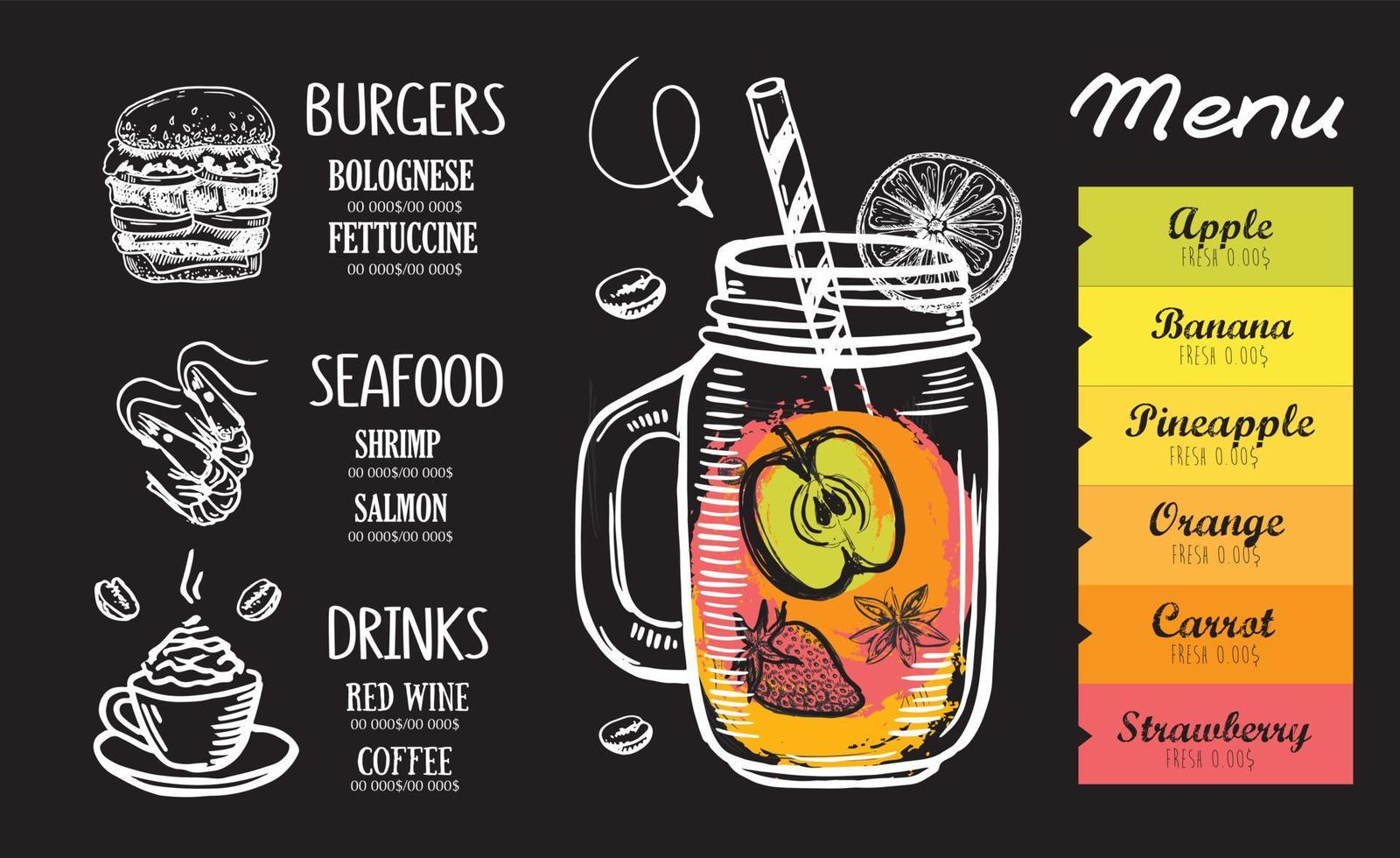 jus de menu, smoothie. style dessiné à la main. illustration vectorielle. vecteur