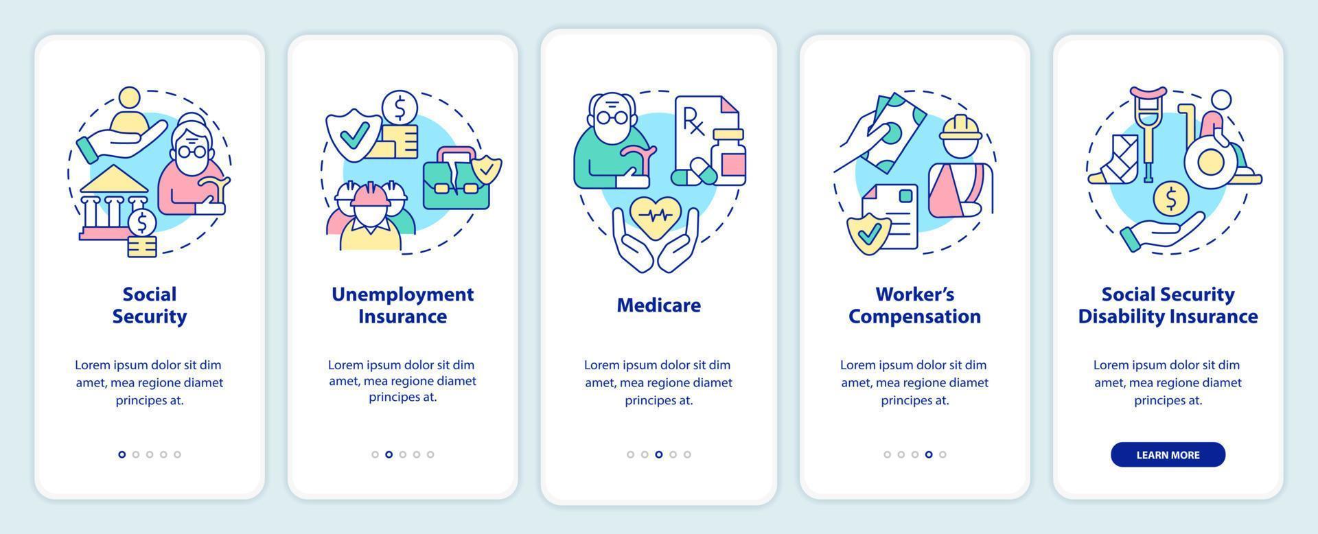 l'assurance sociale fédérale comprend un écran d'application mobile d'intégration. procédure de paiement pages d'instructions graphiques en 5 étapes avec des concepts linéaires. ui, ux, modèle d'interface graphique. vecteur