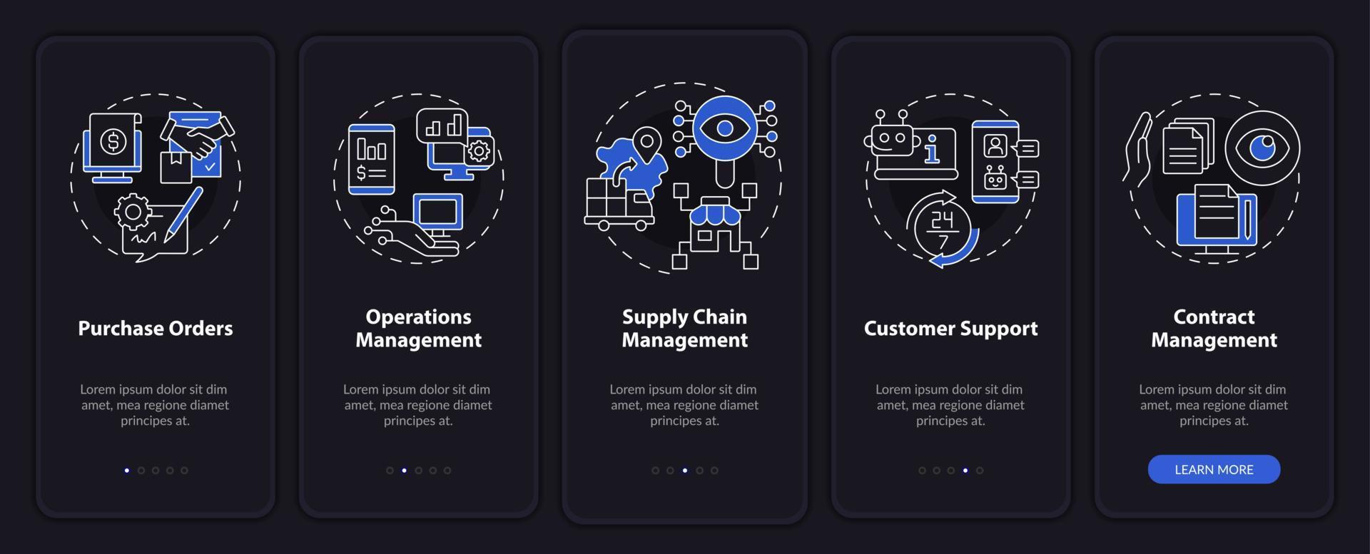 écran d'application mobile d'intégration en mode nuit d'automatisation commerciale. pas à pas en 5 étapes pages d'instructions graphiques avec des concepts linéaires. ui, ux, modèle d'interface graphique. vecteur