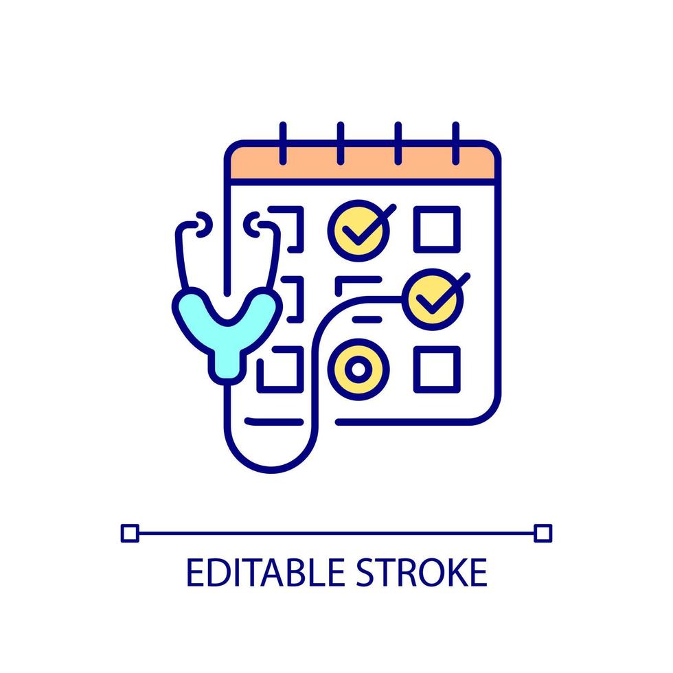 icône de couleur rvb de contrôle médical régulier. calendrier avec dates et stéthoscope. soins de santé et service aux patients. illustration vectorielle isolée. dessin au trait rempli simple. trait modifiable. vecteur